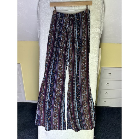 Band of Gypsies Paisley Pants S Black Blue Red Floral Flare Wide Leg Boho Whimsy - Picture 1 of 9